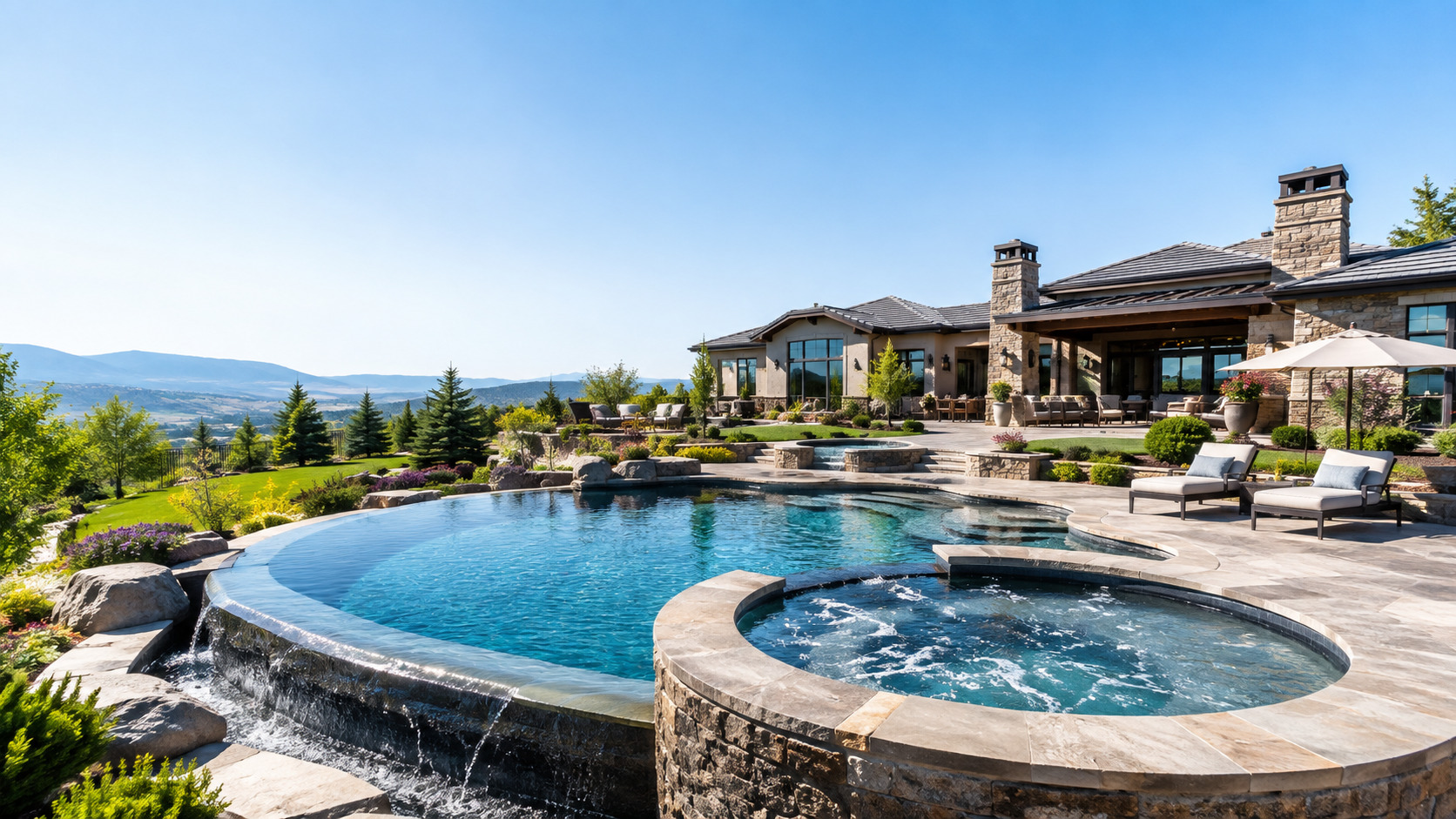 Luxury residential swimming pool and raised spa for pool repair and Spa repair service in the Front Range Colorado area